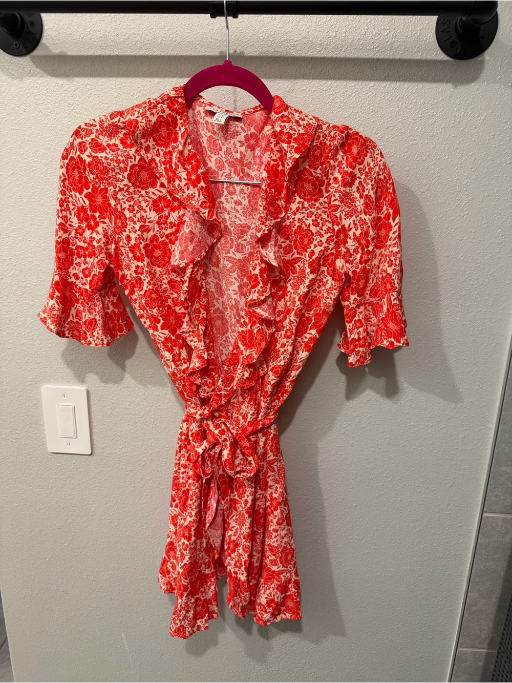 Topshop Red Floral Print Ruffle Wrap Dress Size 4